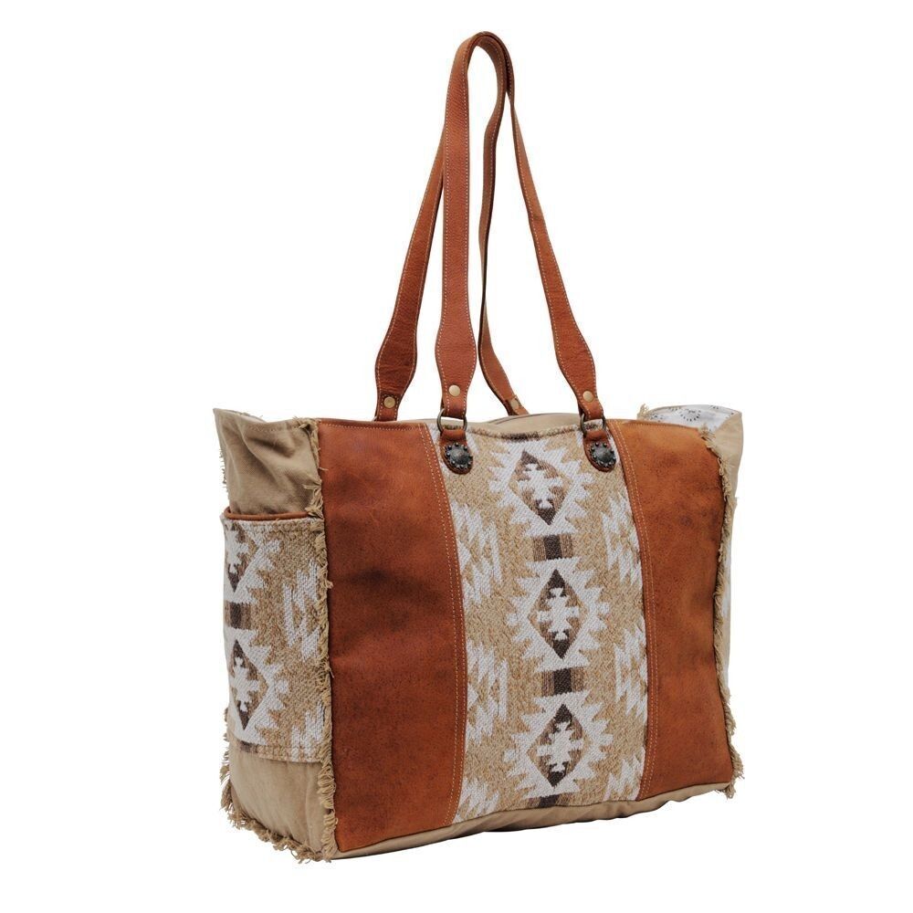 Myra Bag Handmade Camilla Weekender Bag Upcycled Canvas & Cowhide Leather - Picture 3 of 8